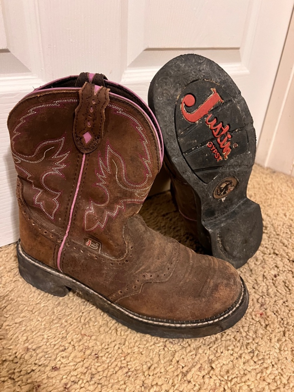 Justin Boots Women’s Brown Suede Western Boot with Pink Trim